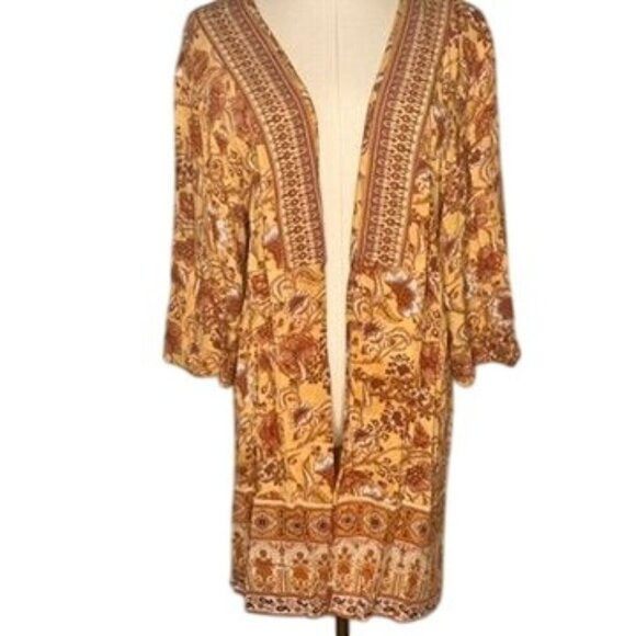 Burnt Orange Floral Open Boho Floral Kimono Duster Womens XS/S 70s Retro Autumn - Picture 1 of 8